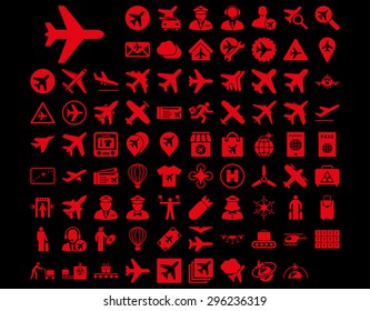 Aviation Icon Set. These flat icons use red color. Vector images are isolated on a black background.