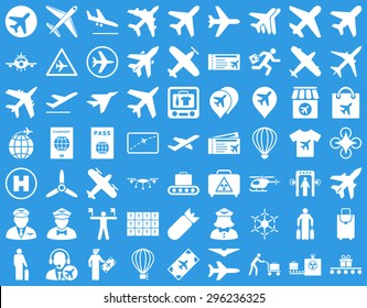 Aviation Icon Set. These flat icons use white color. Vector images are isolated on a blue background.