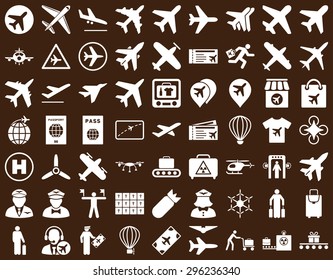 Aviation Icon Set. These flat icons use white color. Vector images are isolated on a brown background.