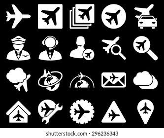 Aviation Icon Set. These flat icons use white color. Vector images are isolated on a black background.