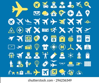 Aviation Icon Set. These flat bicolor icons use yellow and white colors. Vector images are isolated on a blue background.