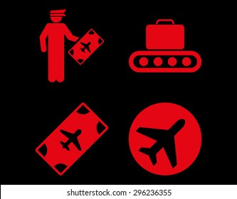 Aviation Icon Set. These flat icons use red color. Vector images are isolated on a black background.