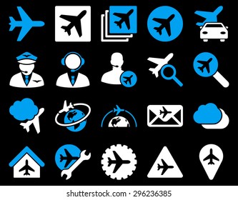 Aviation Icon Set. These flat bicolor icons use blue and white colors. Vector images are isolated on a black background.