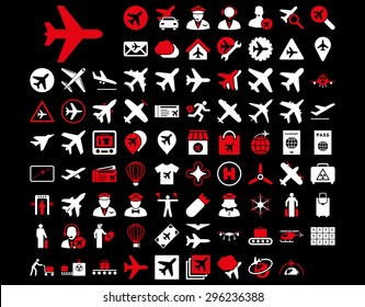 Aviation Icon Set. These flat bicolor icons use red and white colors. Vector images are isolated on a black background.