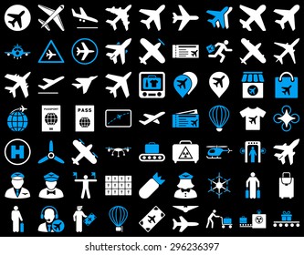 Aviation Icon Set. These flat bicolor icons use blue and white colors. Vector images are isolated on a black background.