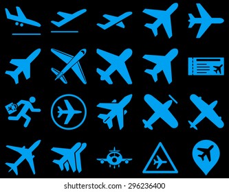Aviation Icon Set. These flat icons use blue color. Vector images are isolated on a black background.