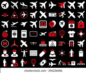 Aviation Icon Set. These flat bicolor icons use red and white colors. Vector images are isolated on a black background.