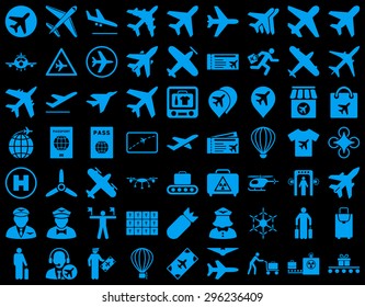 Aviation Icon Set. These flat icons use blue color. Vector images are isolated on a black background.