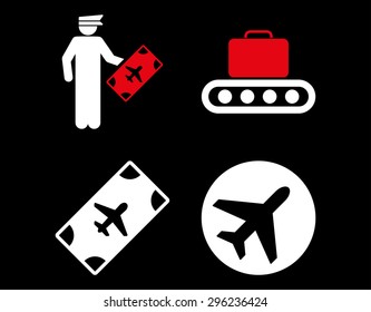 Aviation Icon Set. These flat bicolor icons use red and white colors. Vector images are isolated on a black background.