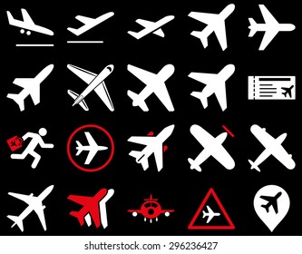 Aviation Icon Set. These flat bicolor icons use red and white colors. Vector images are isolated on a black background.