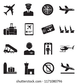 Aviation Icons. Black Flat Design. Vector Illustration. 
