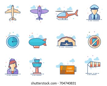 Aviation icons in flat color style.