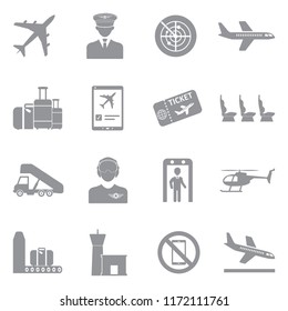 Aviation Icons. Gray Flat Design. Vector Illustration. 