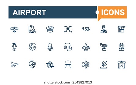 Aviation icons in linear style. Containing airport, activities, air travel, airplane, airline, aircraft and more. Collection for mobile and web apps. Editable stroke. Vector illustration.