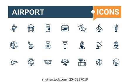 Aviation icons in linear style. Containing airport, activities, air travel, airplane, airline, aircraft and more. Collection for mobile and web apps. Editable stroke. Vector illustration.