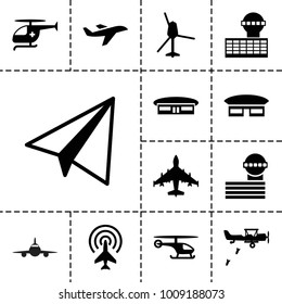 Aviation icons. set of 13 editable filled aviation icons such as airport, airport tower, paper airplane, medical helicopter, helicopter, plane