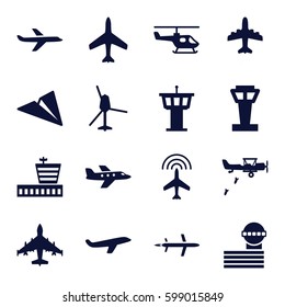 aviation icons set. Set of 16 aviation filled icons such as plane, airport tower, airport, helicopter, military plane