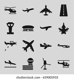 Aviation icons set. set of 16 aviation filled icons such as airport tower, runway, plane landing, helicopter, airport, plane