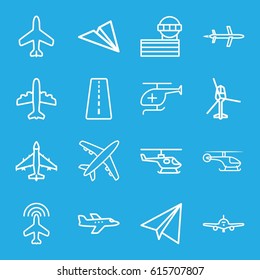 Aviation icons set. set of 16 aviation outline icons such as plane, runway, airport tower, paper airplane, medical helicopter, helicopter
