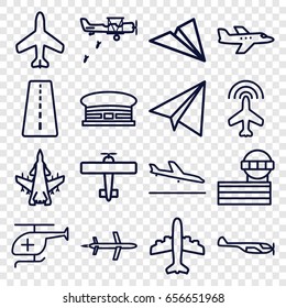 Aviation icons set. set of 16 aviation outline icons such as plane, runway, plane landing, helicopter, airport, airport tower, paper airplane