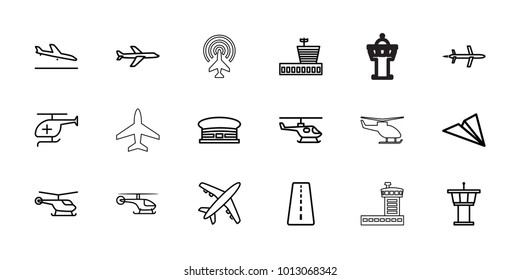 Aviation icons. set of 18 editable outline aviation icons: runway, plane landing, helicopter, airport, airport tower, paper plane, medical helicopter