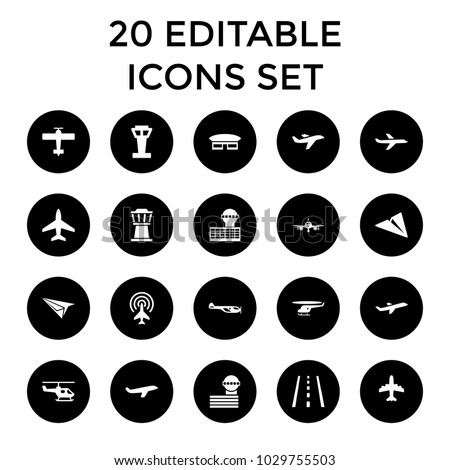 Aviation icons. set of 20 editable filled aviation icons such as airport tower, plane, helicopter, paper plane, runway. best quality aviation elements in trendy style.