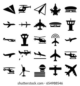 Aviation icons set. set of 25 aviation filled icons such as plane, airport tower, plane landing, helicopter, airport, paper airplane