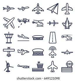 Aviation icons set. set of 25 aviation outline icons such as plane, runway, plane landing, helicopter, airport, airport tower, paper airplane
