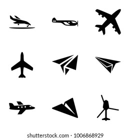 Aviation icons. set of 9 editable filled aviation icons such as plane, helicopter, paper plane, plane landing