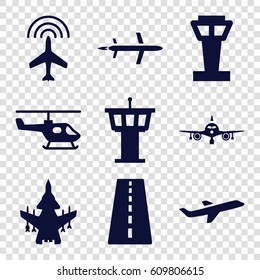 Aviation icons set. set of 9 aviation filled icons such as airport tower, runway, plane