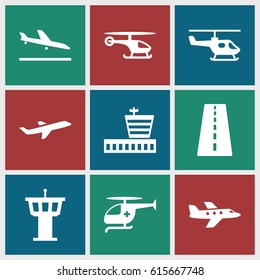 Aviation icons set. set of 9 aviation filled icons such as runway, plane landing, airport, airport tower, plane, medical helicopter
