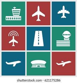 Aviation icons set. set of 9 aviation filled icons such as plane, runway, airport