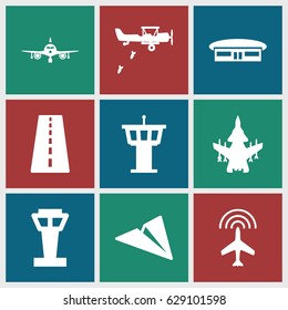 Aviation icons set. set of 9 aviation filled icons such as airport tower, runway, plane, airport, military plane