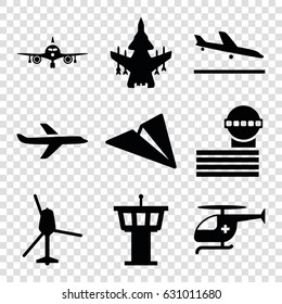 Aviation icons set. set of 9 aviation filled icons such as plane landing, plane, airport tower, medical helicopter, helicopter