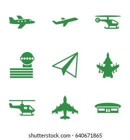 Aviation icons set. set of 9 aviation filled icons such as airport, airport tower, paper airplane, plane