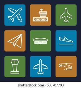 aviation icons set. Set of 9 aviation outline icons such as plane, airport tower, plane landing, airport, paper airplane