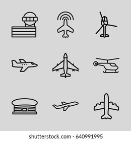 Aviation icons set. set of 9 aviation outline icons such as plane, helicopter, airport