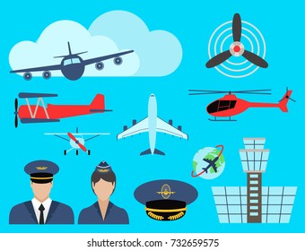Aviation icons set airline station airport symbols departure terminal plane stewardess tourism vector illustration