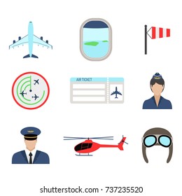 Aviation icons set airline station airport symbols departure terminal plane stewardess tourism vector illustration