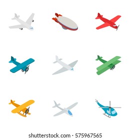 Aviation icons set. Isometric 3d illustration of 9 aviation vector icons for web