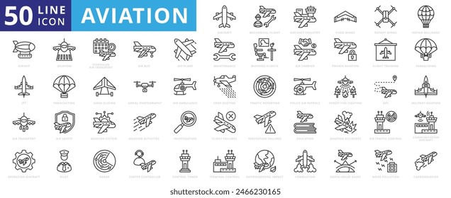 Aviation icons set with mechanical flight, aircraft industry, fixed, rotary wings, hot air balloons, airships, and jets.