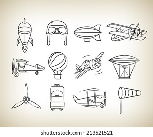 aviation icons set, sketch icons