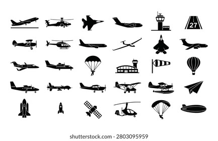 Aviation, icons, vector, set, airplane, silhouettes, helicopter, jet, fighter, airport, runway, rocket, spacecraft, parachute, glider, drone, blimp, satellite, transport, collection