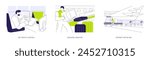 Aviation industry abstract concept vector illustration set. Air traffic control, baggage handling, loading luggage in a plane, aircraft refueling, control tower in airport abstract metaphor.