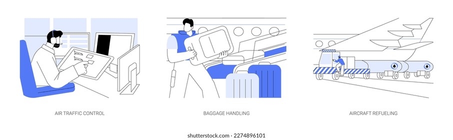 Conjunto de ilustraciones vectoriales abstractas de la industria de la aviación. Control de tráfico aéreo, manipulación de equipajes, carga de equipaje en un avión, reabastecimiento de aviones, torre de control en metáfora abstracta del aeropuerto.