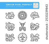 Aviation industry linear icons set. Air travel. Aircraft operations. Business and cargo aircraft. Customizable thin line symbols. Isolated vector outline illustrations. Editable stroke