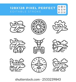 Aviation industry linear icons set. Air travel. Aircraft operations. Business and cargo aircraft. Customizable thin line symbols. Isolated vector outline illustrations. Editable stroke