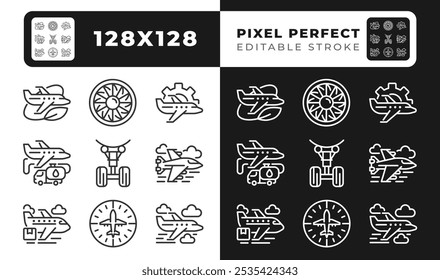 Aviation industry linear icons set for dark, light mode. Air travel. Aircraft operations. Business and cargo aircraft. Thin line symbols for night, day theme. Isolated illustrations. Editable stroke