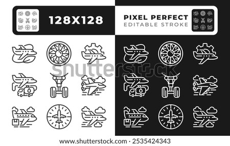 Aviation industry linear icons set for dark, light mode. Air travel. Aircraft operations. Business and cargo aircraft. Thin line symbols for night, day theme. Isolated illustrations. Editable stroke
