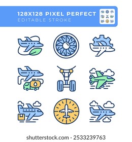 Aviation industry RGB color icons set. Air travel. Aircraft operations. Business and cargo aircraft. Isolated vector illustrations. Simple filled line drawings collection. Editable stroke